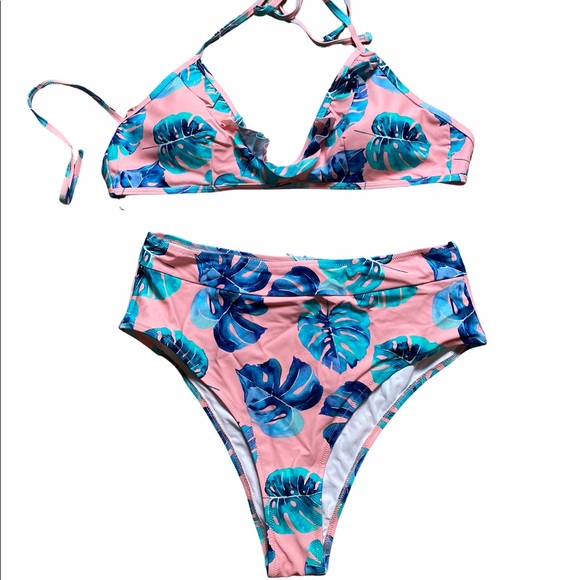 Tropical Ruffle Halter High Waisted Bikini - Picture 2 of 5